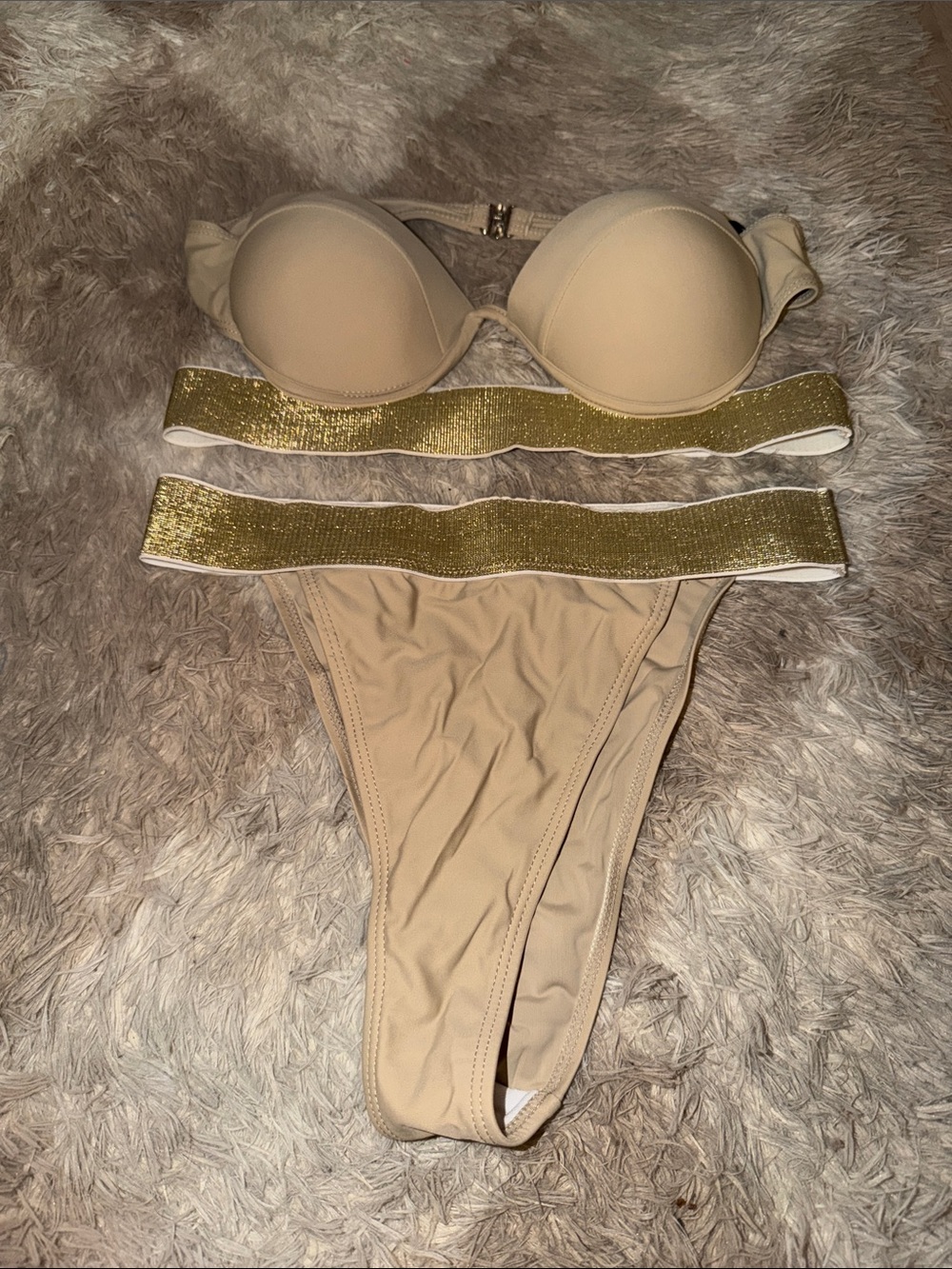 PrettyLittleThing Nude Bikini Set with Gold Elastic Detail